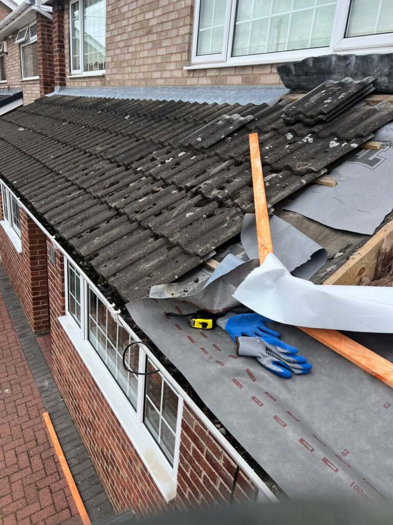 This is a photo of a pitched roof which is being repaired. The existing roof was leaking badly. Works carried out by Haywards Heath Roofing Repairs